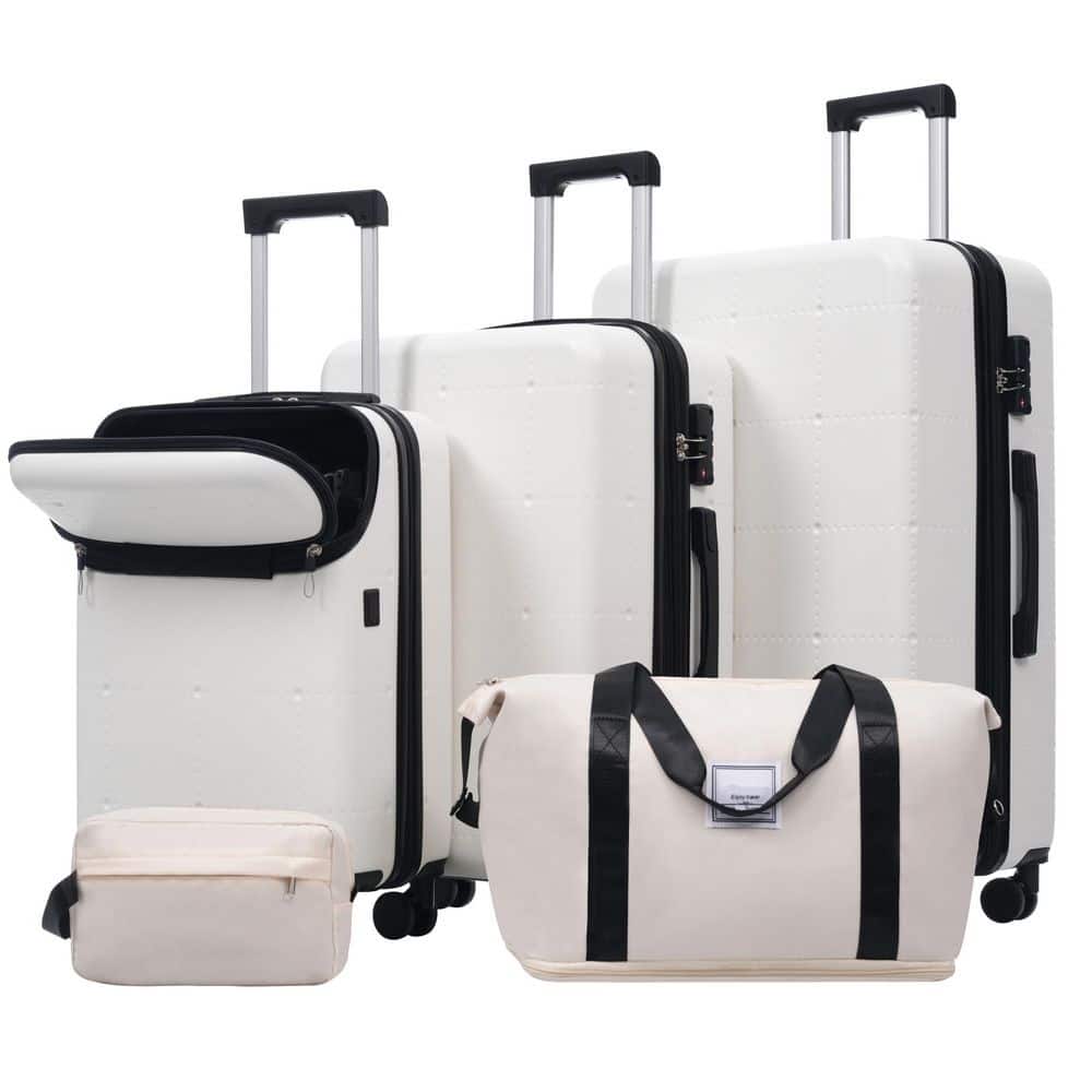 Polibi 5-Piece White ABS Hardside Luggage Set with Bags, USB Port