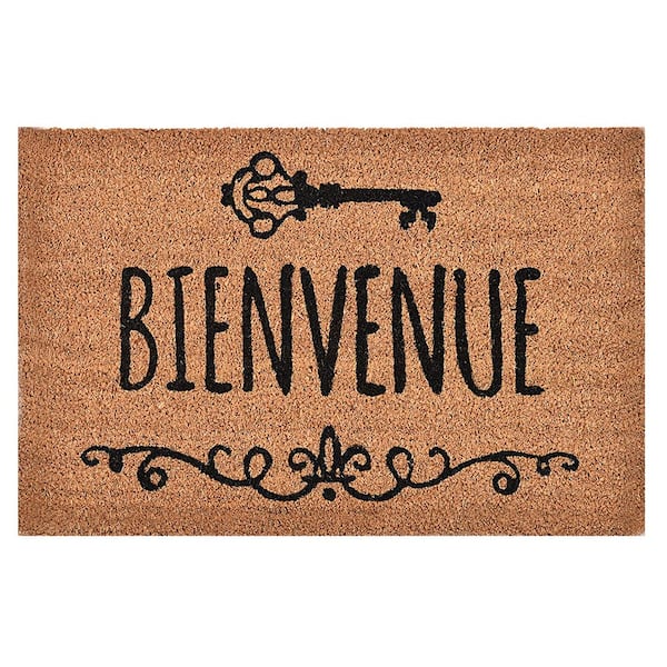 Evideco 16 in. x 24 in. Natural Sheltered Printed Front Door Mat Bienvenu Coir Coco Fibers