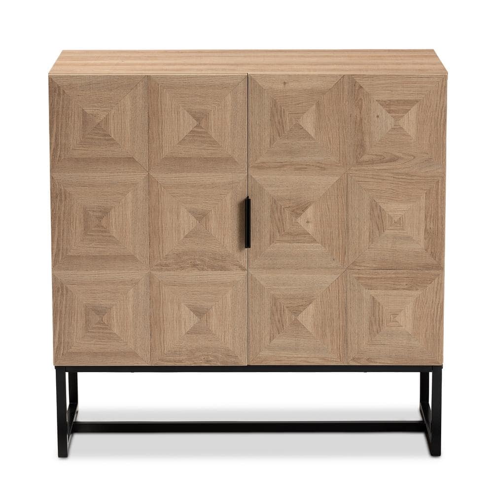 Darien Natural Brown Wood and Black Metal Geometric Accent Cabinet