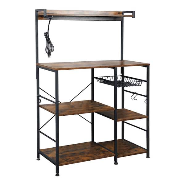 Amucolo 6-Shelf Rustic Brown Kitchen Storage Rack, Coffee Bar with Storage Basket, Microwave Oven Stand with 6 S-Hooks