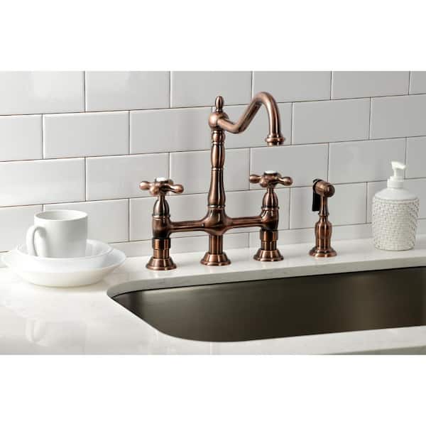Heritage 2-Handle Bridge Kitchen Faucet with Side Sprayer in Antique Copper