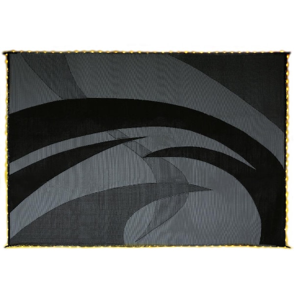 Reversible Mats Swirl Pattern LED Illuminated Black/White Patio/RV Reversible Floor Mat- 8' x 11'