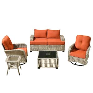 Aimee 6-Piece Wicker Patio Conversation Seating Sofa Set with Orange Red Cushions and Swivel Rocking Chairs