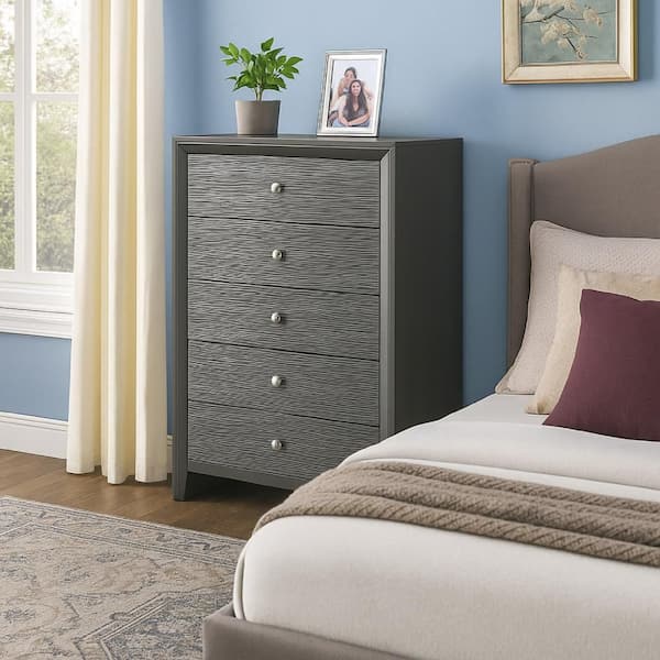 Benjara Deny Gunmetal Gray and Silver 5 drawer 31.5 in. Dresser without  Mirror BM338507