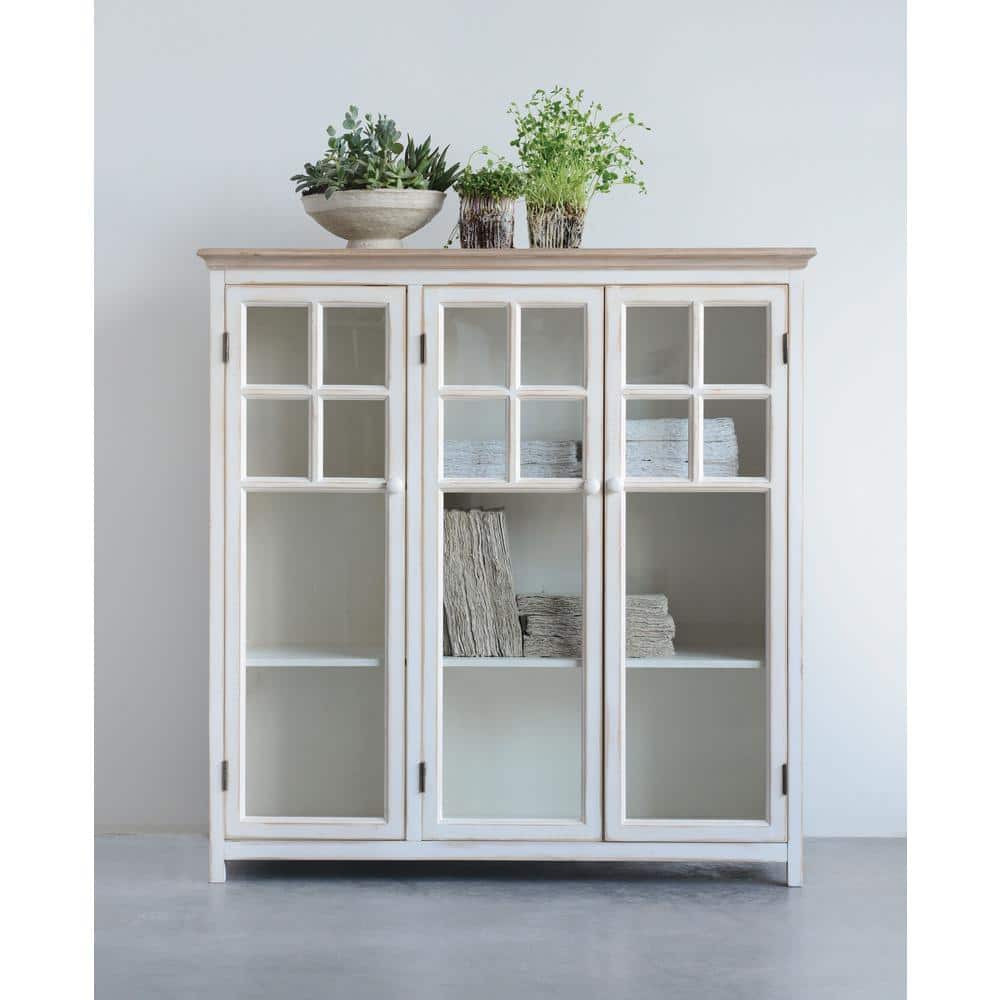 Cream Wood and Glass Freestanding Office Cabinet