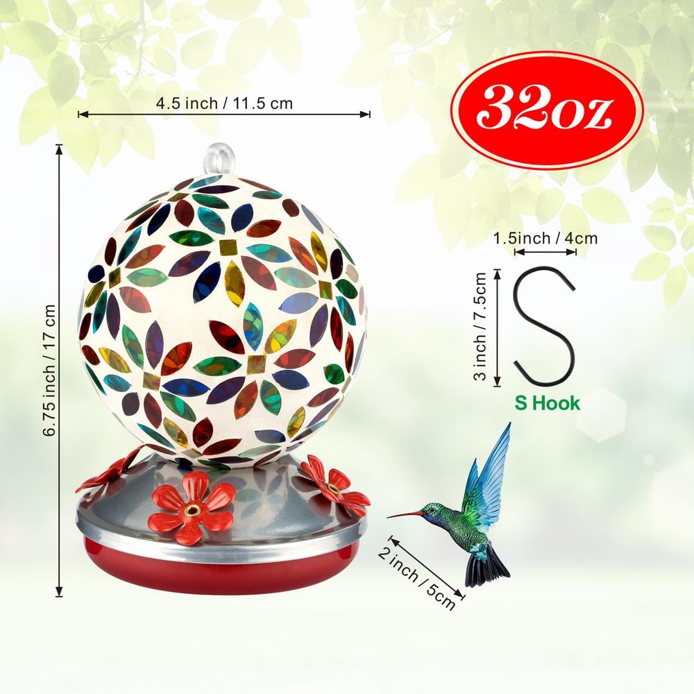 Multicolor Hand-Blown Glass Hanging Hummingbird Feeder with Metal Base