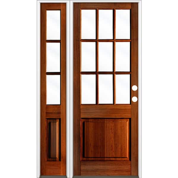 50 in. x 96 in. Farmhouse 9-Lite Clear Glass Left-Hand Red Chestntut Stain Hemlock Wood Prehung Front Door w/ LSL