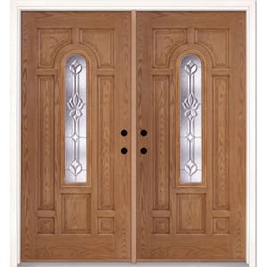 74 in. x 81.625 in. Medina Zinc Center Arch Lite Stained Light Oak Left-Hand Fiberglass Double Prehung Front Door