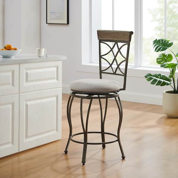Linon Home Decor Newberry 25 in. Pewter High Back Metal Counter Upholstered Stool with Fabric Seat
