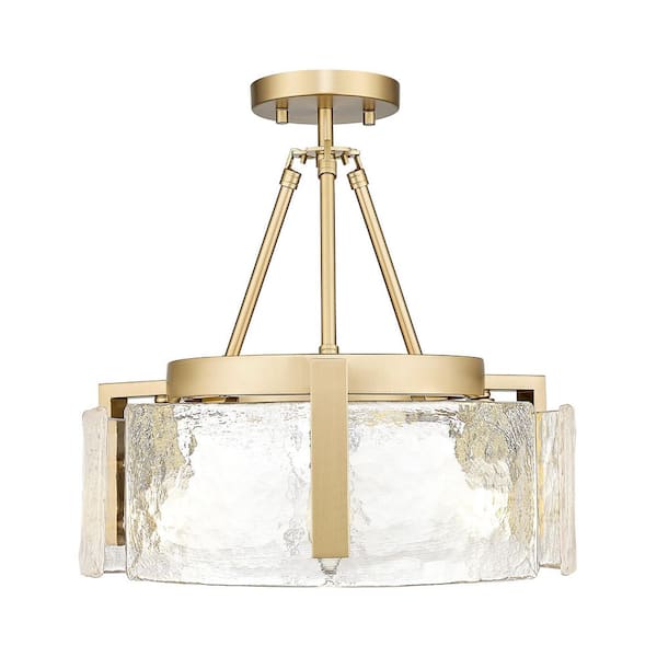 Aenon 16.5 in. 3-Light Brushed Champagne Bronze Semi-Flush Mount with Hammered Water Glass Shade