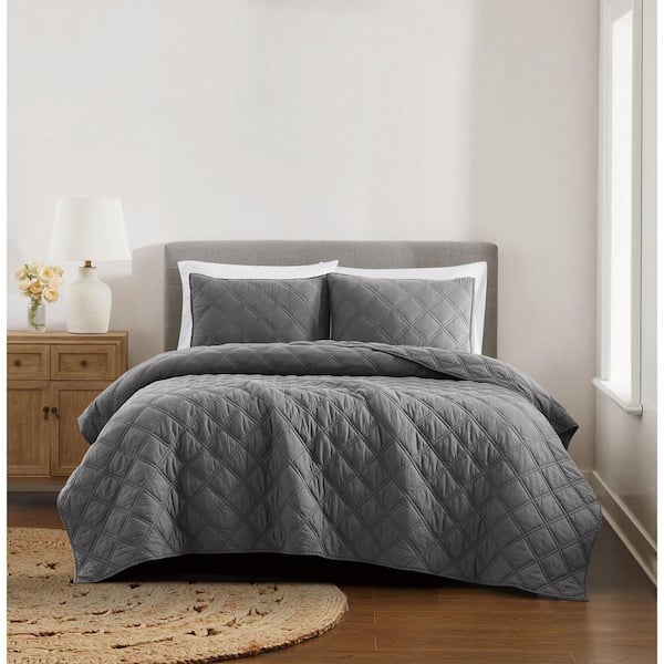Brooklyn Loom Diamond Washed 3-Piece Grey Solid Cotton King Quilt Set