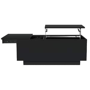 39.37 in. Black Rectangle MDF LED Lift Top Coffee Table with Hidden Compartment with Charging Sockets and USB Ports