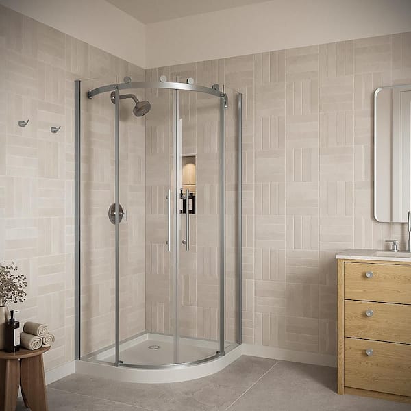 Mezzano 36'' x 76'' Semi-Frameless Sliding Shower Door with CrystalTech Treated 5/16'' Glass, Polished Chrome Hardware