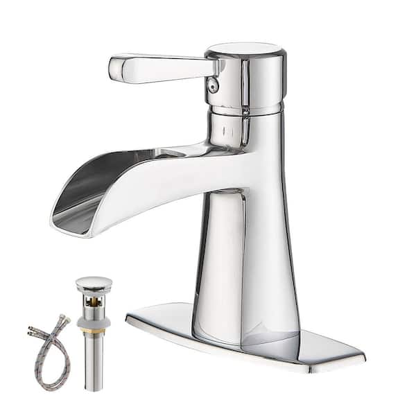 Unbranded Single Handle Single Hole Bathroom Faucet with Waterfall and Drain Assembly in Polished Chrome