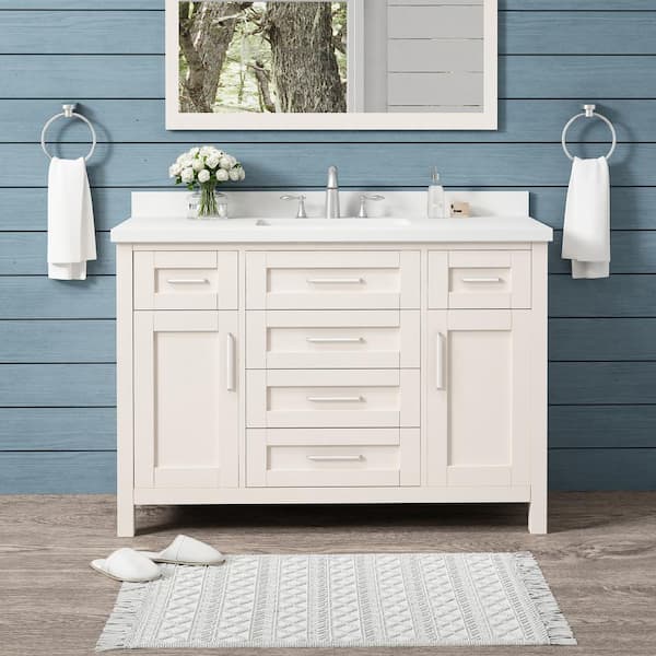 MARTHA STEWART Stamford 48 in. W x 21 in. D x 35 in. H Single Sink Bath Vanity in Picket Fence with White Quartz Top