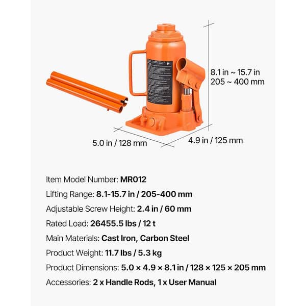SKYSHALO 12 Ton Hydraulic Bottle Jack, 8.1-15.7 in. Lift Range