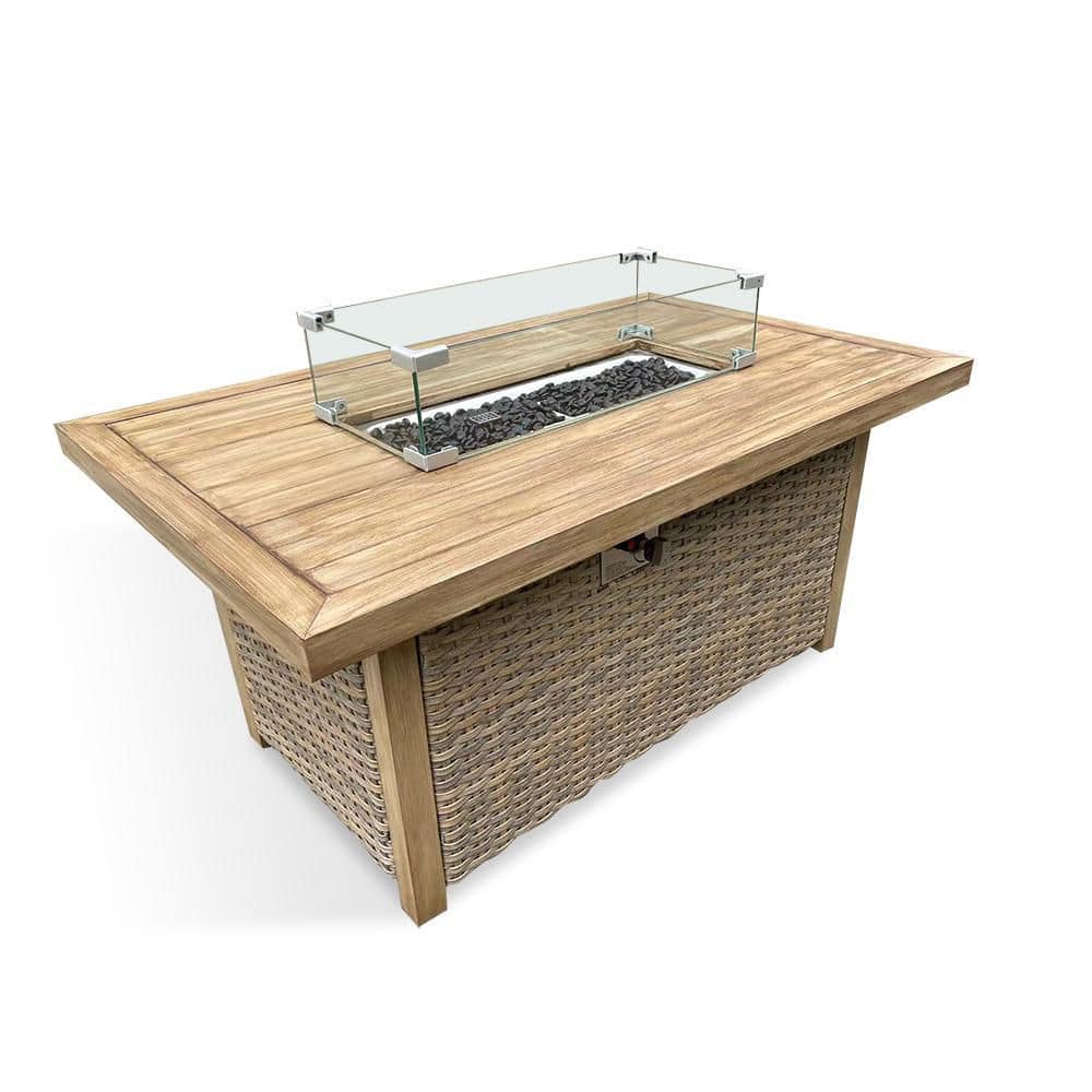 HiGreen Outdoor Amigo 51.18 in. x 31.1 in. Rectangle Aluminum Wicker Outdoor Propane Fire Pit Table with Protective Cover