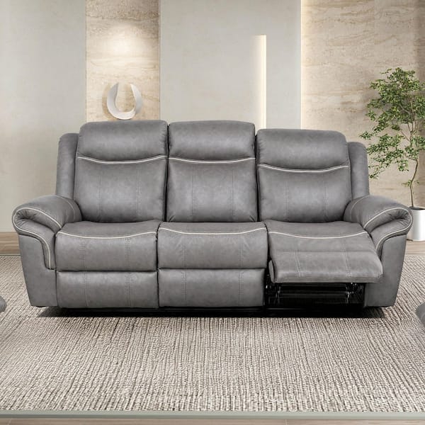 Amelia 87 in. Pillow Top Arm Faux Leather Rectangle Manual Reclining Sofa with Drop-Down Back in Warm Gray