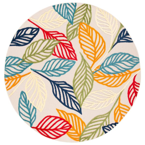 Cabana Ivory/Green 3 ft. x 3 ft. Leaf Round Indoor/Outdoor Area Rug