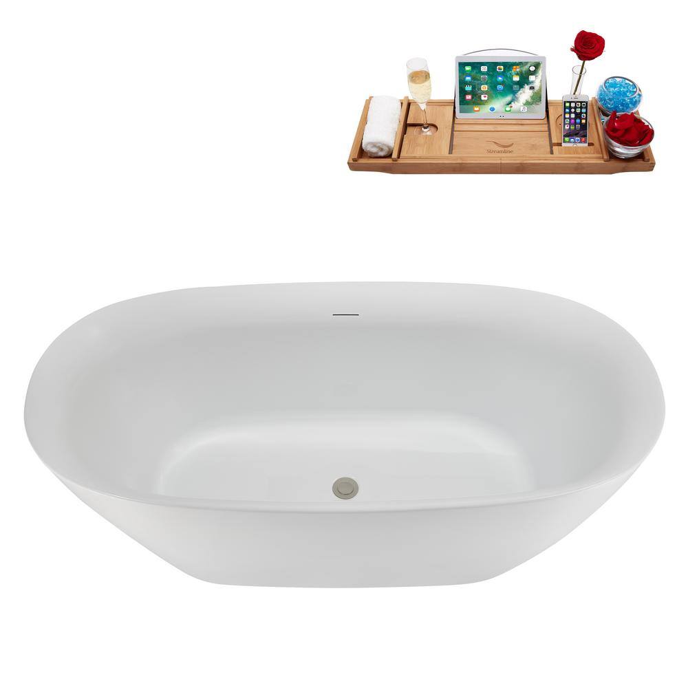 67" White Acrylic Freestanding Soaking Tub with Tray