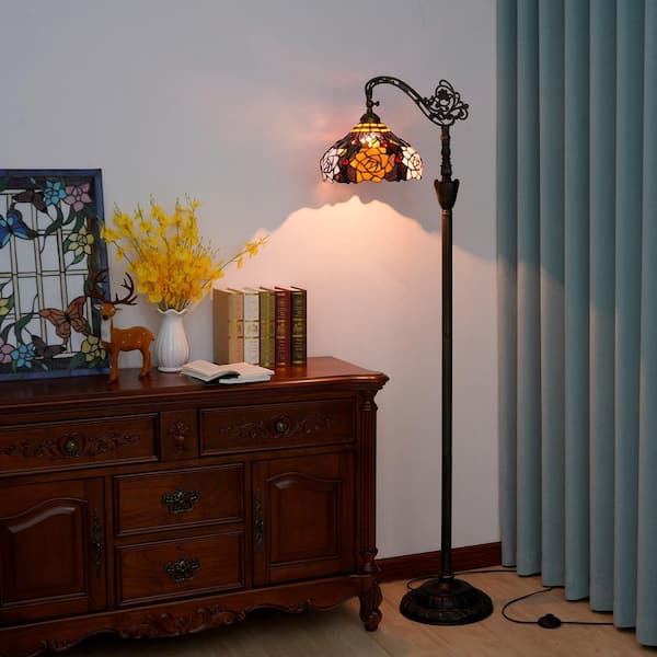 63 in. Tiffany Style Bronze Finish 1-Light Standard Floor Lamp with Multi-Colored Rose Stained Glass Lamp Shade
