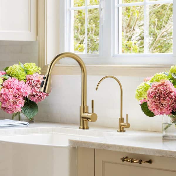 Single Handle Pull Down Sprayer Kitchen Faucet with Water Filter Faucet and 3-Mode Pull Down Sprayer in Brushed Gold