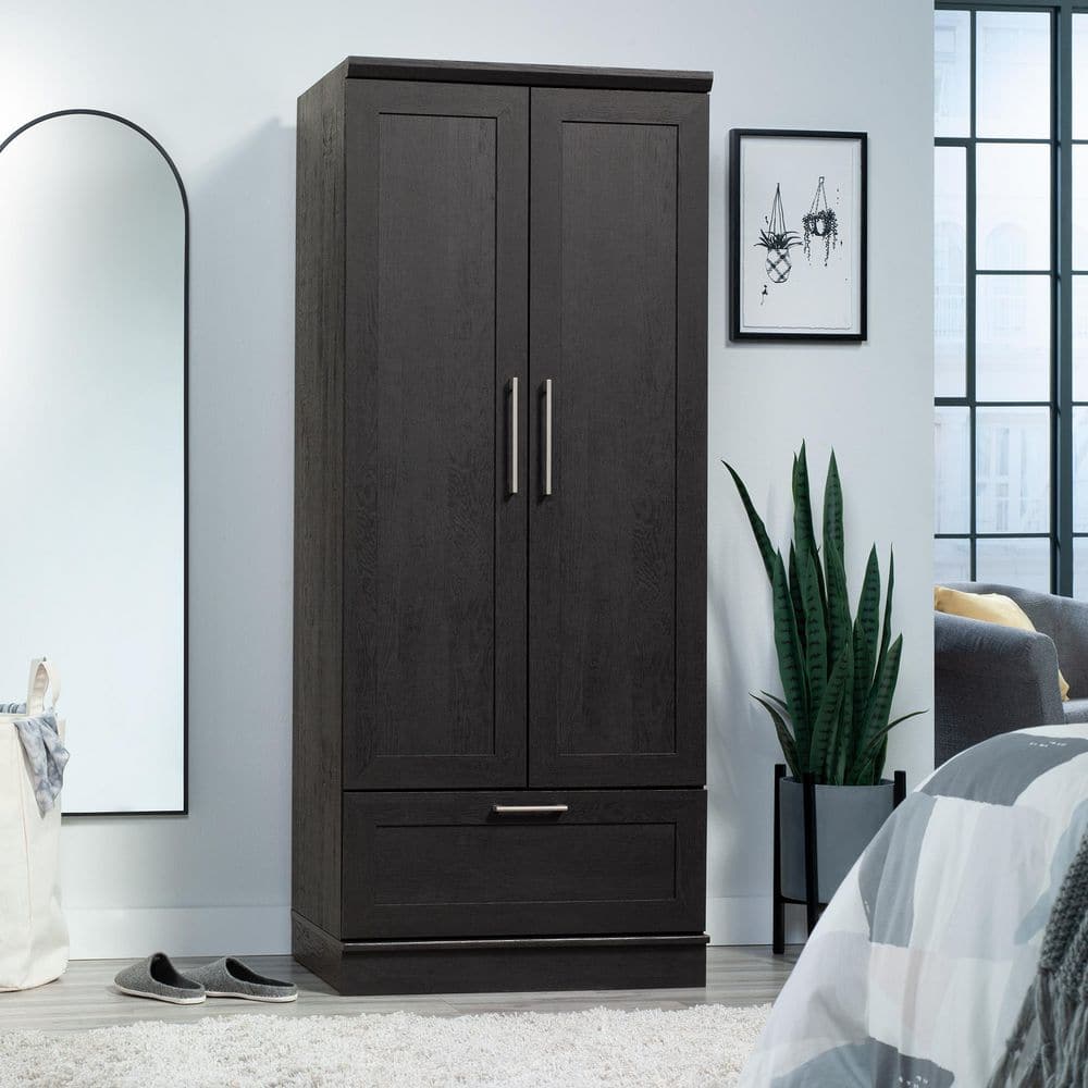 Home Plus Raven Oak finish Particle Board Rectangular 29.06 in. 1-Drawer Dresser Wardrobe with Adjustable Shelf