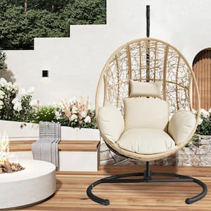 72.83 in. Patio Outdoor Indoor Natural PE Wicker Swing Egg Basket Hanging Chair with Beige Cushion and Black Base