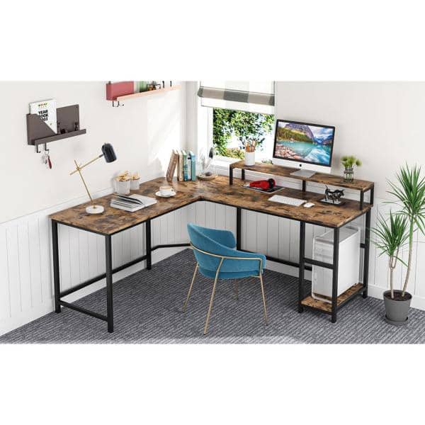 BYBLIGHT Havrvin 57 in. L Shaped Brown Wood Gaming Desk with Led