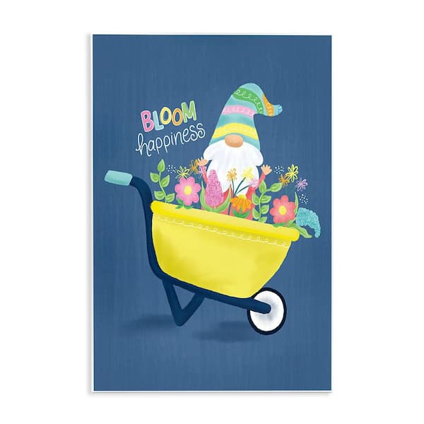 Bloom Happiness Phrase Yellow Flower Wagon Gnome by Emily Cromwell Unframed Nature Graphic Art Print 15 in. x 10 in.