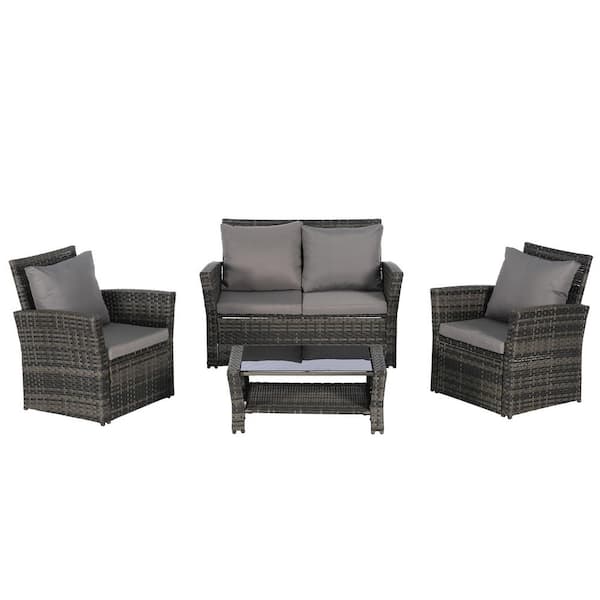 OLUMAT 4-Piece Wicker Outdoor Sectional Sofa Set with Dark Gray Cushions and Coffee Table