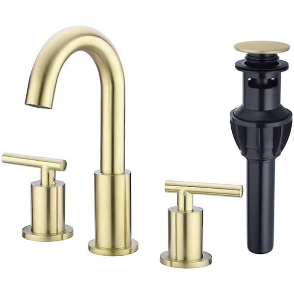 TRUSTMI 2 Handle 8 in. Brass Bathroom Sink Faucet 3 Hole Widespread, with Overflow Pop Up Drain Assembly Hoses, Brushed Gold