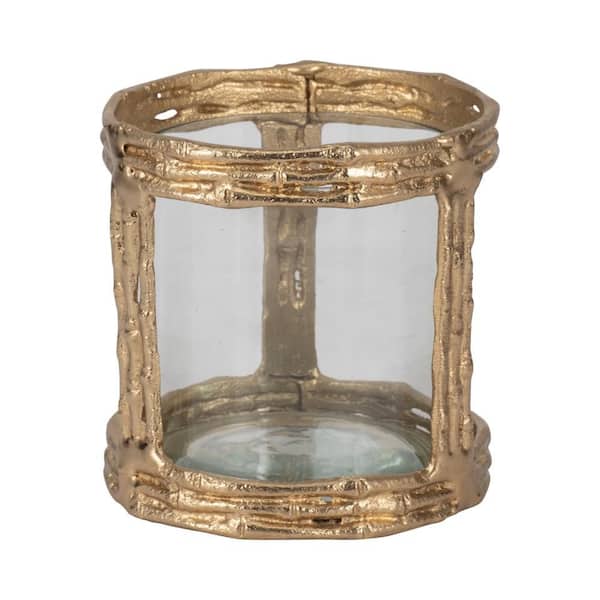 Gold 6 in. Metal and Glass Hurricane Candle Holder