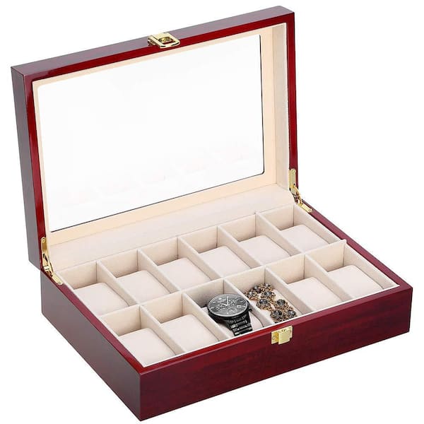 12-Slot Wooden Watch Box, Removable Pillows, Metal Clasp, Cherry Red, 12.4 in. x 8.3 in. x 3.3 in.
