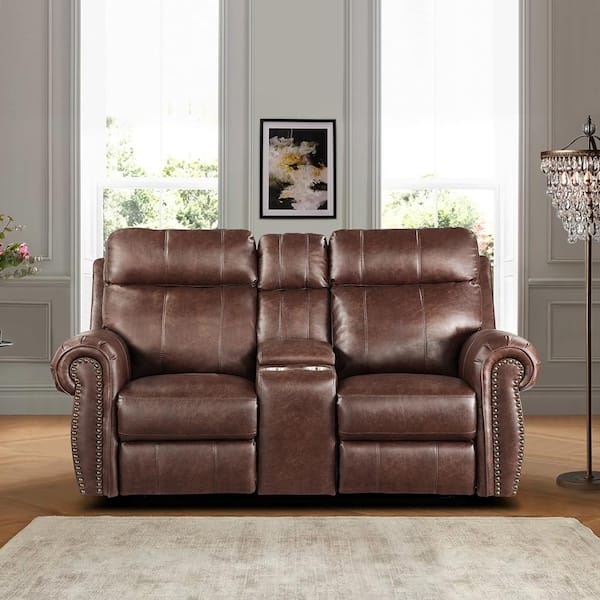 Lazzara Stader 74.5 in. W Brown Faux Leather Manual Double Reclining Loveseat with Center Console