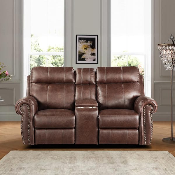 Unbranded Stader 74.5 in. W Brown Faux Leather Manual Double Reclining Loveseat with Center Console