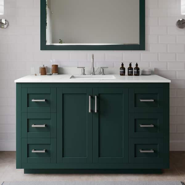 Wyndham Collection Miranda 54 in. W x 22 in. D x 33.75 in. H Single Bath Vanity in Green with Giotto Quartz Top and 46 in. Mirror