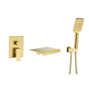 Single-Handle Wall Mount Brass Roman Tub Faucet with Hand Shower in Brushed Gold