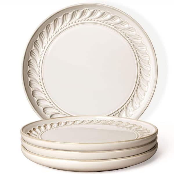Willow Leaf Embossed Reactive Glaze Ceramic Dinner Plates with Lipped Edges, Dishwasher Safe (Set of 4)