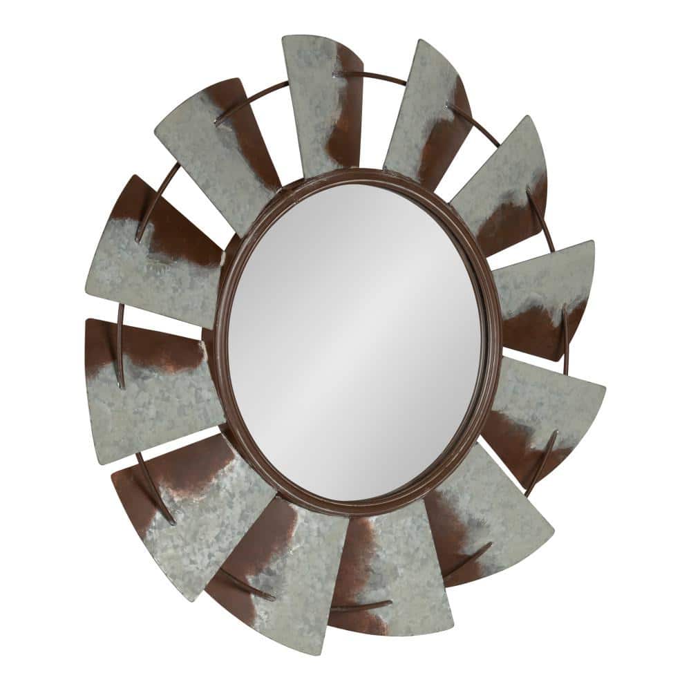 32" Round Silver and Brown Metal Windmill Wall Mirror