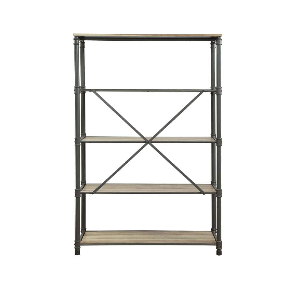 Itzel Antique Oak & Sandy Gray 4-Tier Bookshelf with Metal Frame