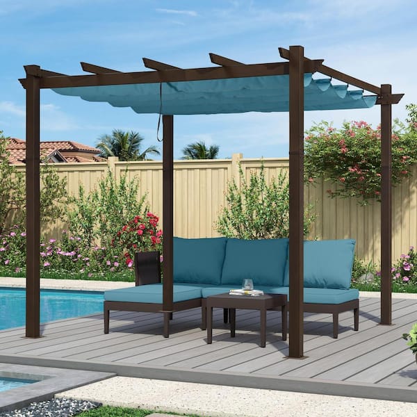 PURPLE LEAF 10 ft. x 10 ft. Bronze Aluminum Frame Outdoor Patio Pergola Gazebo with Blue Retractable Sun Shade Canopy for Beach