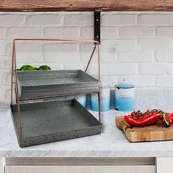 Galvanized Gray Metal 2-Tiered Rectangular Serving Tray