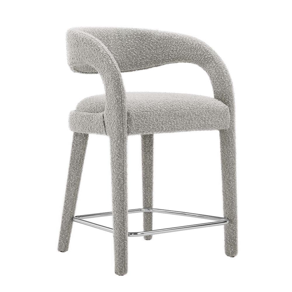 Taupe Silver Boucle Upholstered Counter Stools with Metal Legs, Set of 2