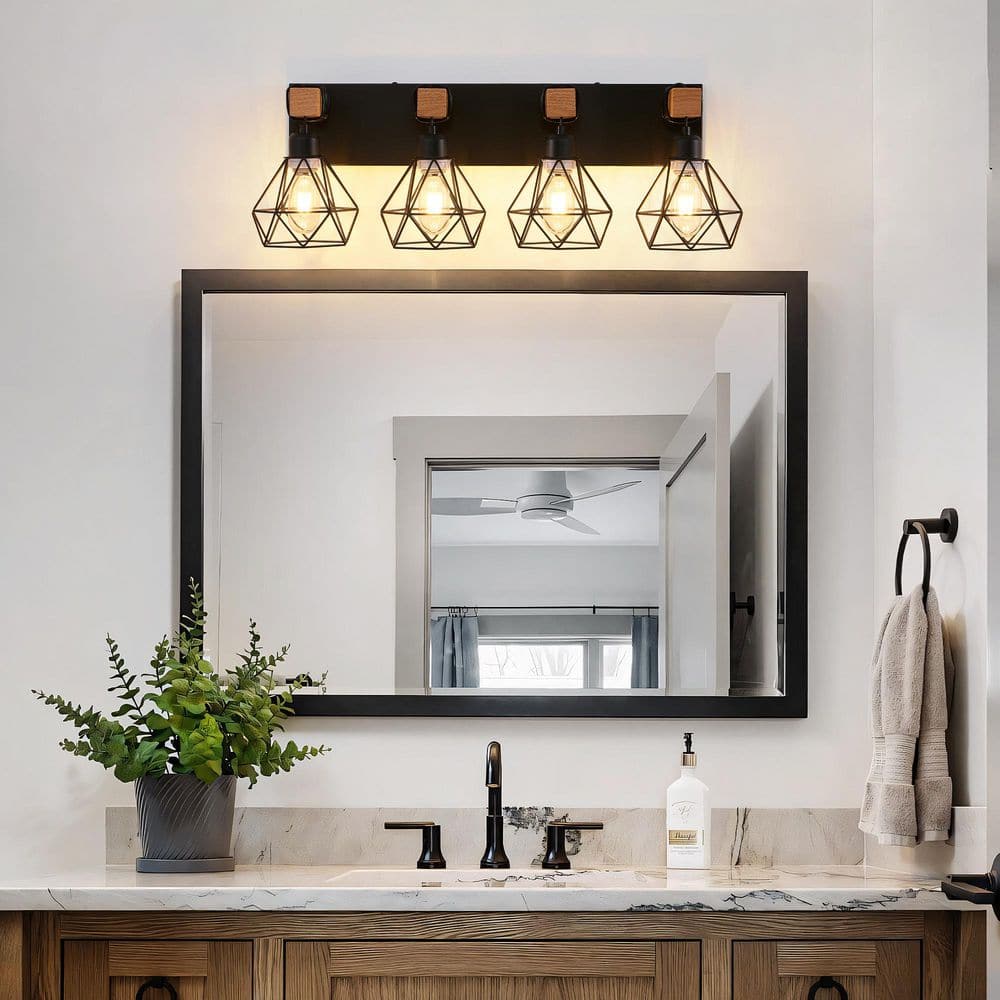 24 in. 4-Light Black Metal Vanity Light with Wooden Accents and Geometric Cage Lampshade price history on PriceWatchPro