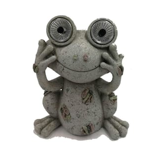 Solar 8 in. Preppy Stone Look Frog Statue with Light Up Eyes in Gray