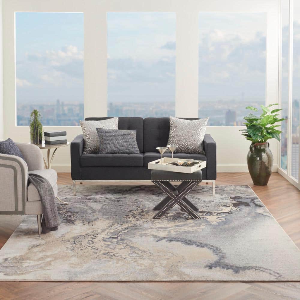 Extra Large Gray Abstract Synthetic Area Rug 9' x 12'