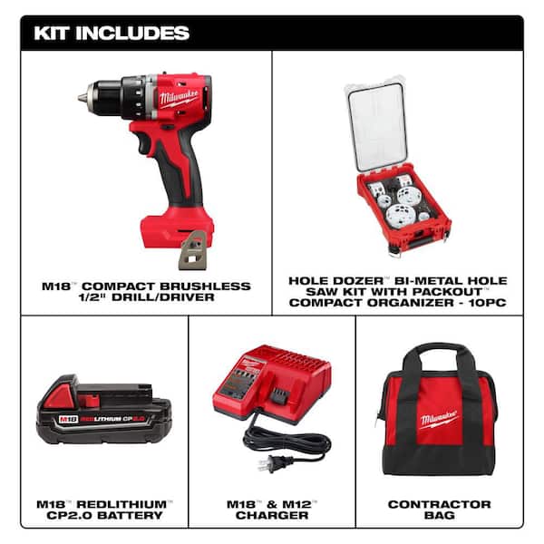 M18 18-Volt Lithium Ion Brushless Cordless 1/2 in. Compact Drill/Driver Combo Kit with Hole Dozer 10-Pc Set w/ PACKOUT