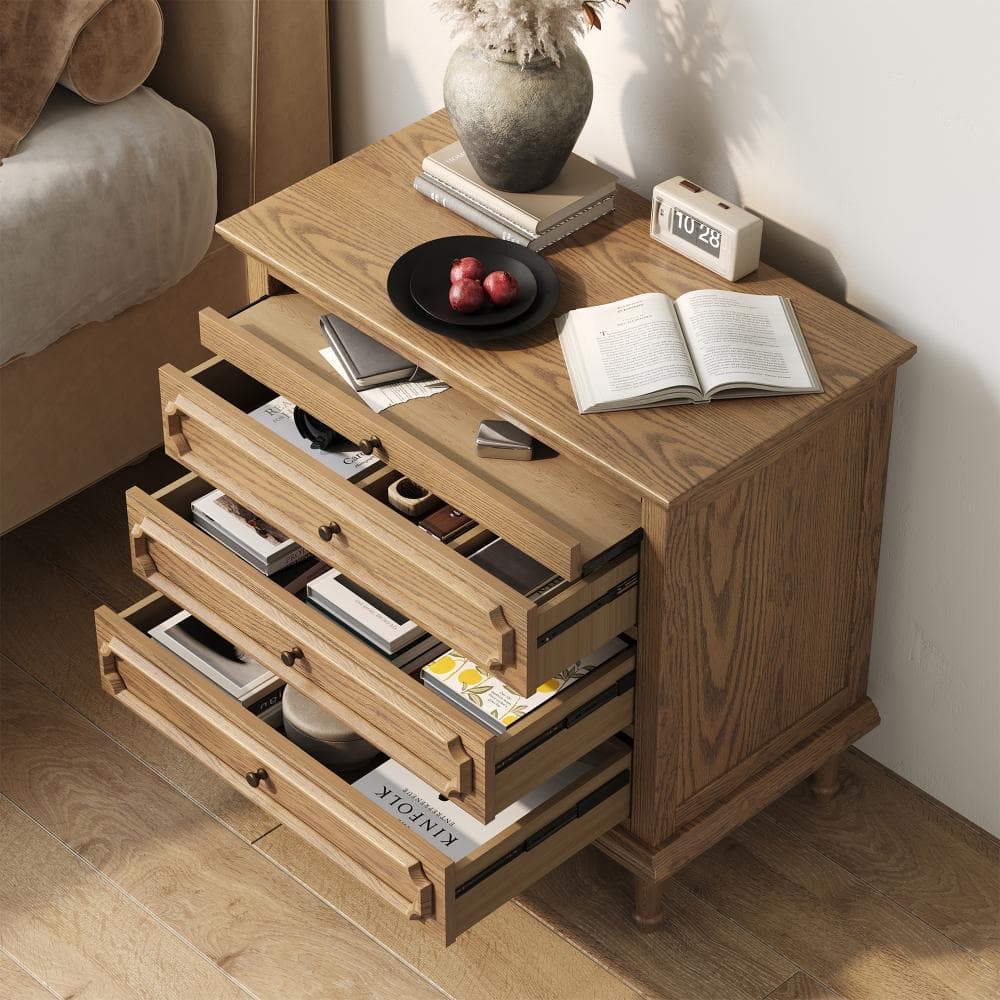 Traditional Wooden Nightstand with 3 Storage Drawers, Built-in Charging Station & Slide-out Pull Shelf
