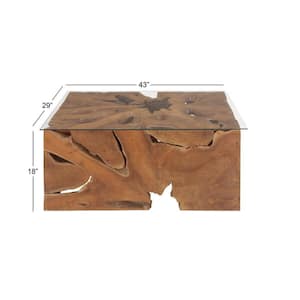 40 in. Brown Medium Rectangle Teak Wood Handmade Live Edge Tree Stump Coffee Table with Clear Glass Top